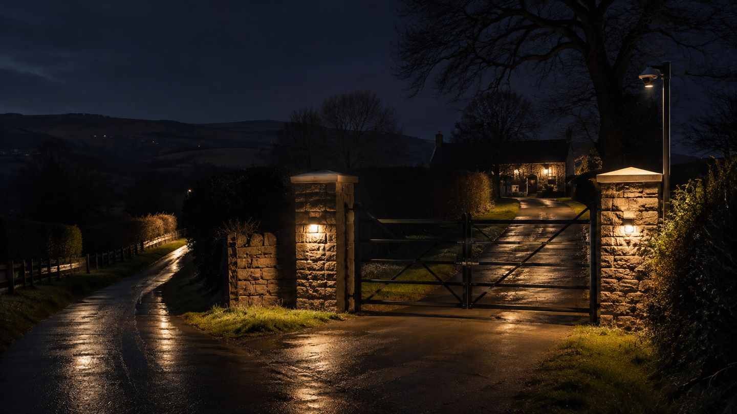 A rural entrance at night, stone gate piers lit from below, a timber gate open onto a wet driveway and a lit house set back among trees.
