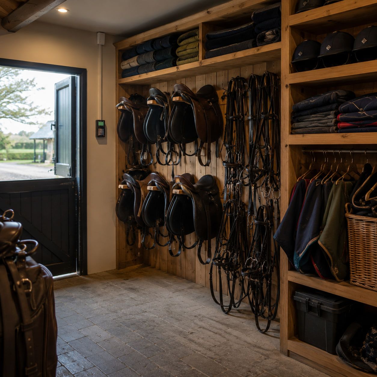 The inside of a tack room, saddles and bridles racked along a timber wall, rugs folded on shelves, and a keypad beside the open stable door.