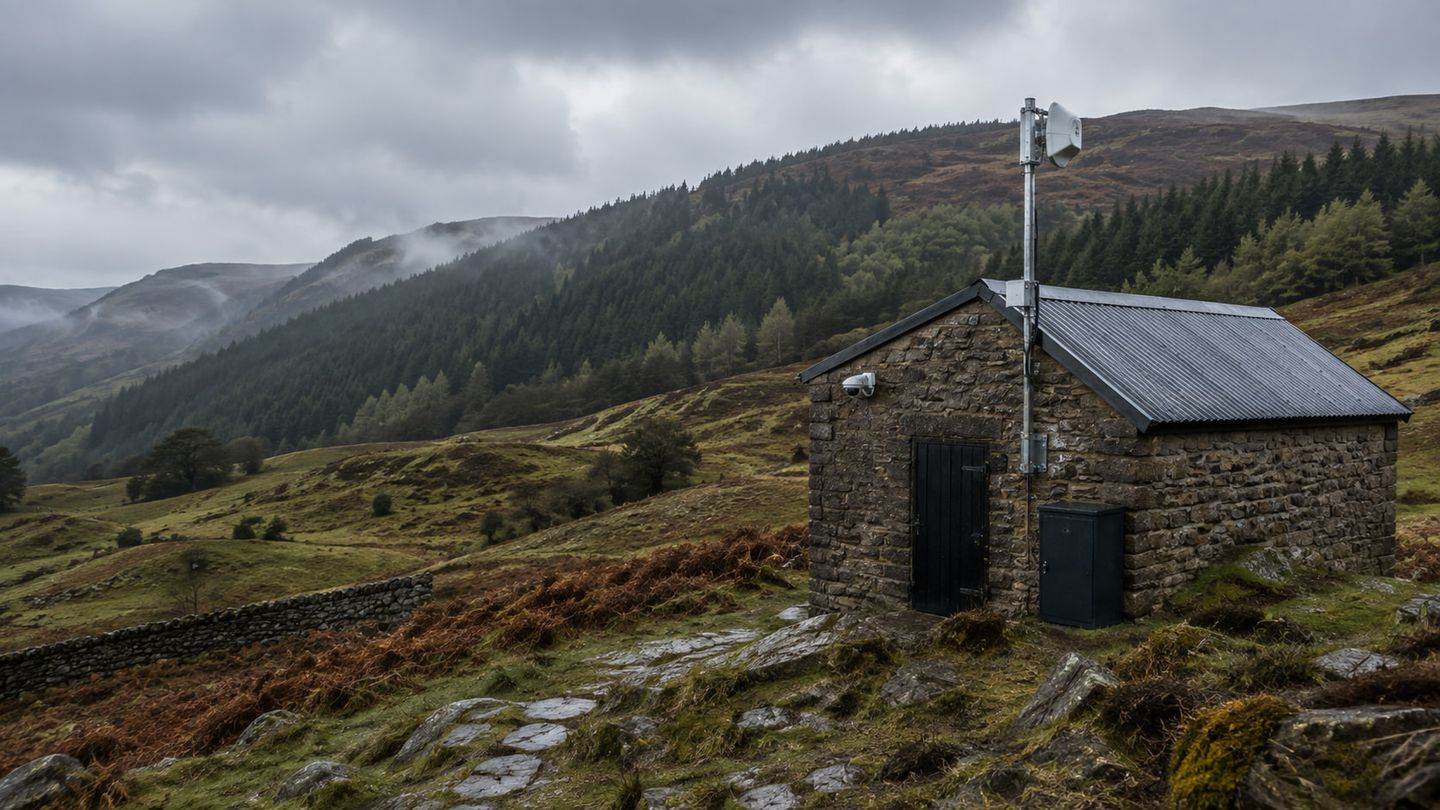 A stone outbuilding high on a bracken hillside in poor weather, carrying a mast with a wireless dish and a camera on its gable.