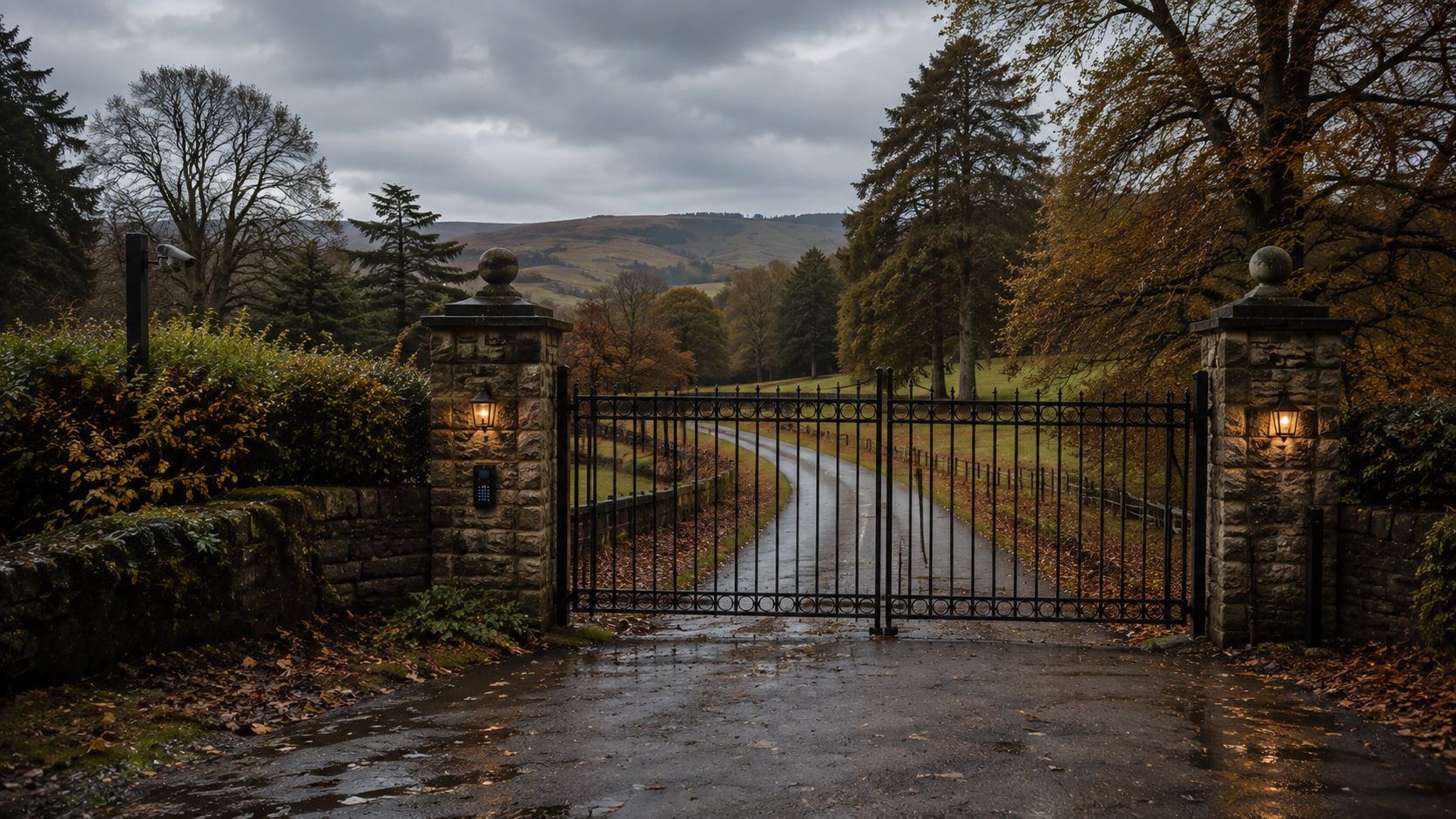 An estate entrance in autumn, tall iron gates between lit stone piers, a wet drive curving away into parkland and hills behind.