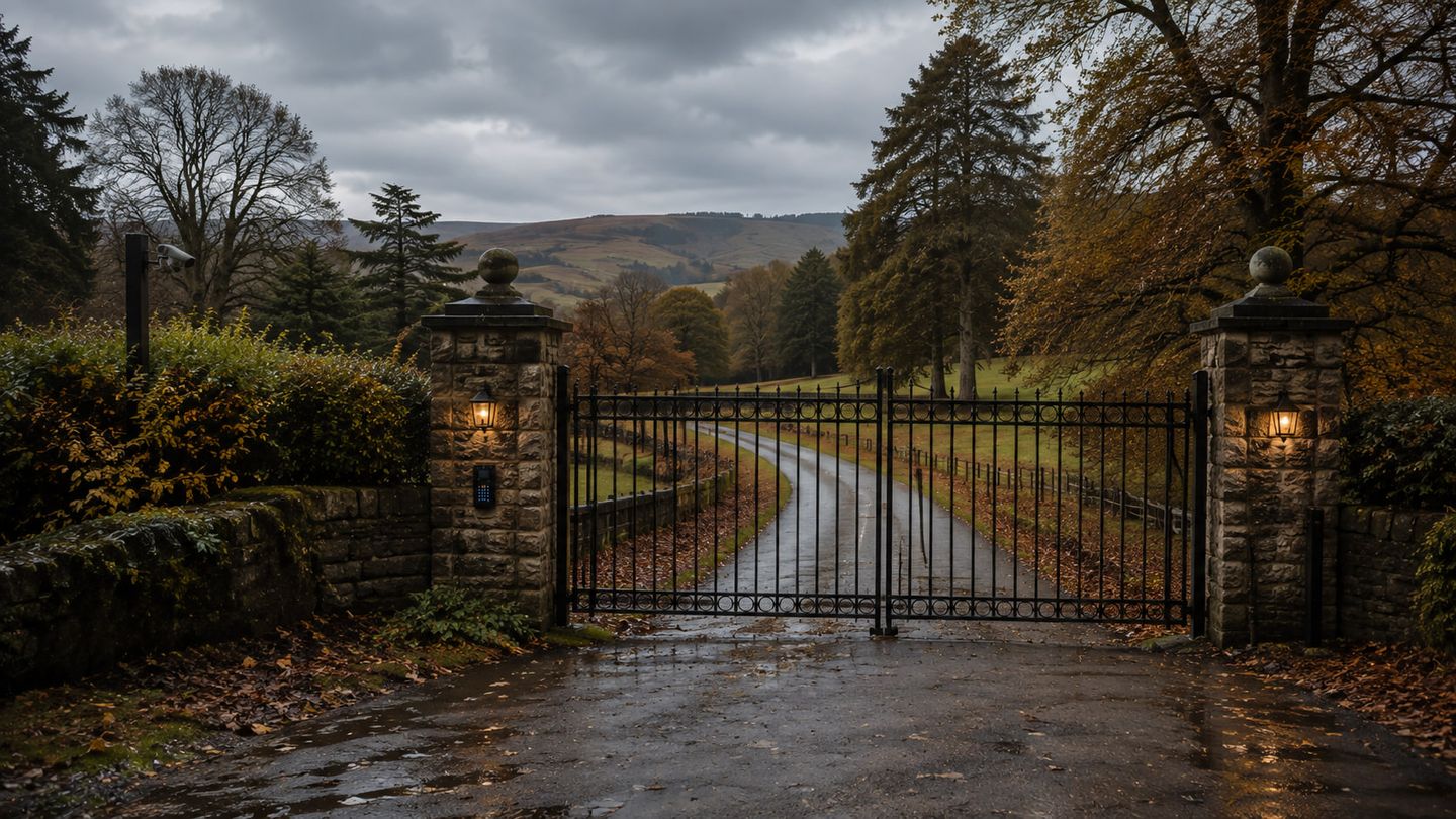 An estate entrance in autumn, tall iron gates between lit stone piers, a wet drive curving away into parkland and hills behind.