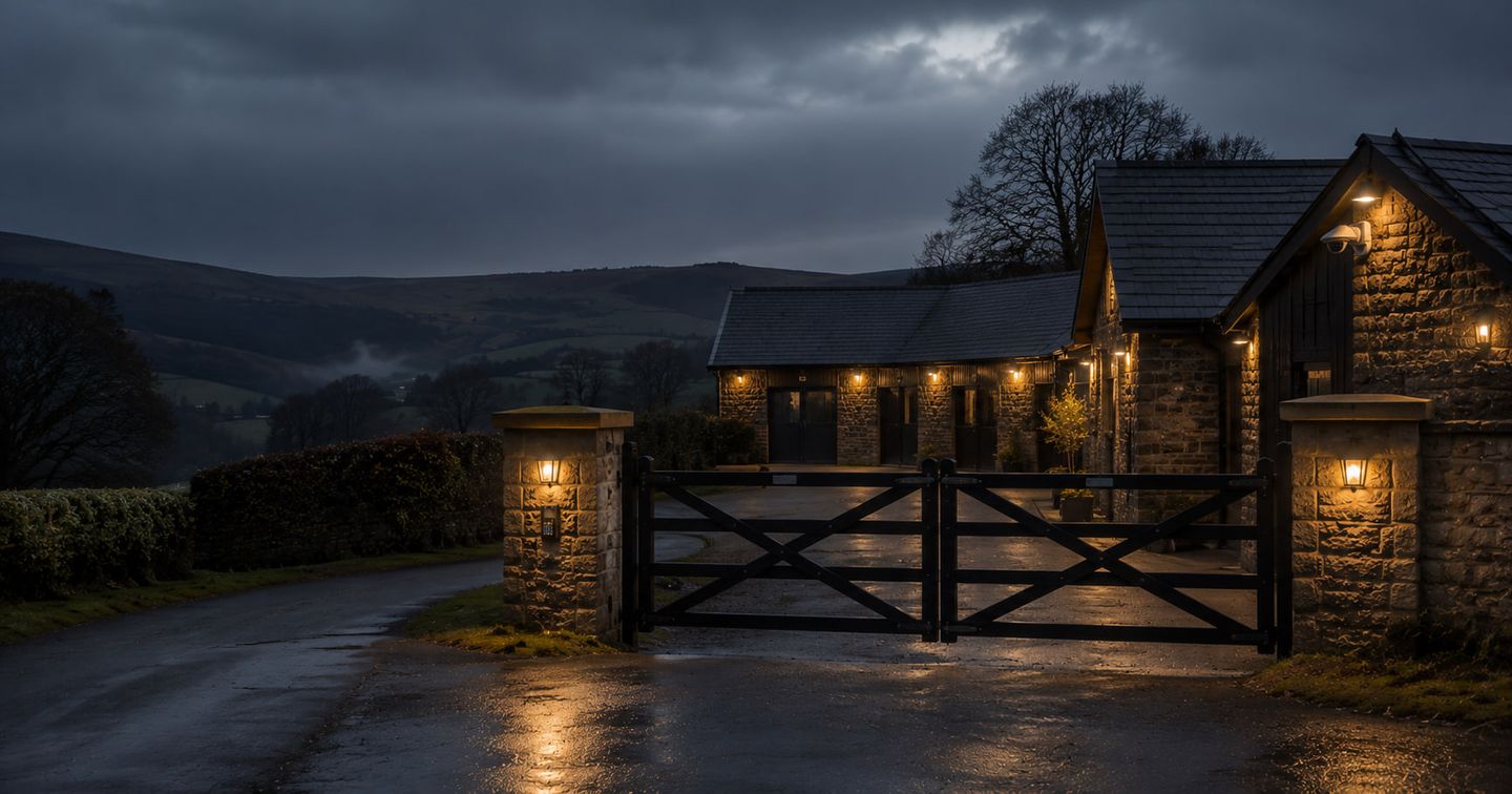 A stone courtyard of rural buildings at dusk under heavy cloud, outside lights on, behind a closed five-bar gate between lit piers.
