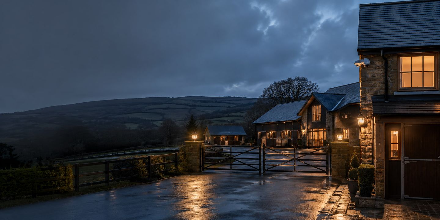 A lit gatehouse and closed estate gates reflected in a wet road at night, with dark hills behind.